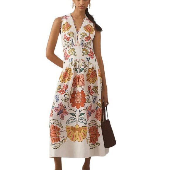 Farm Rio Floral V-Neck Sleeveless Linen Maxi Dress, Boho, Wedding Guest, XS - Picture 2 of 11